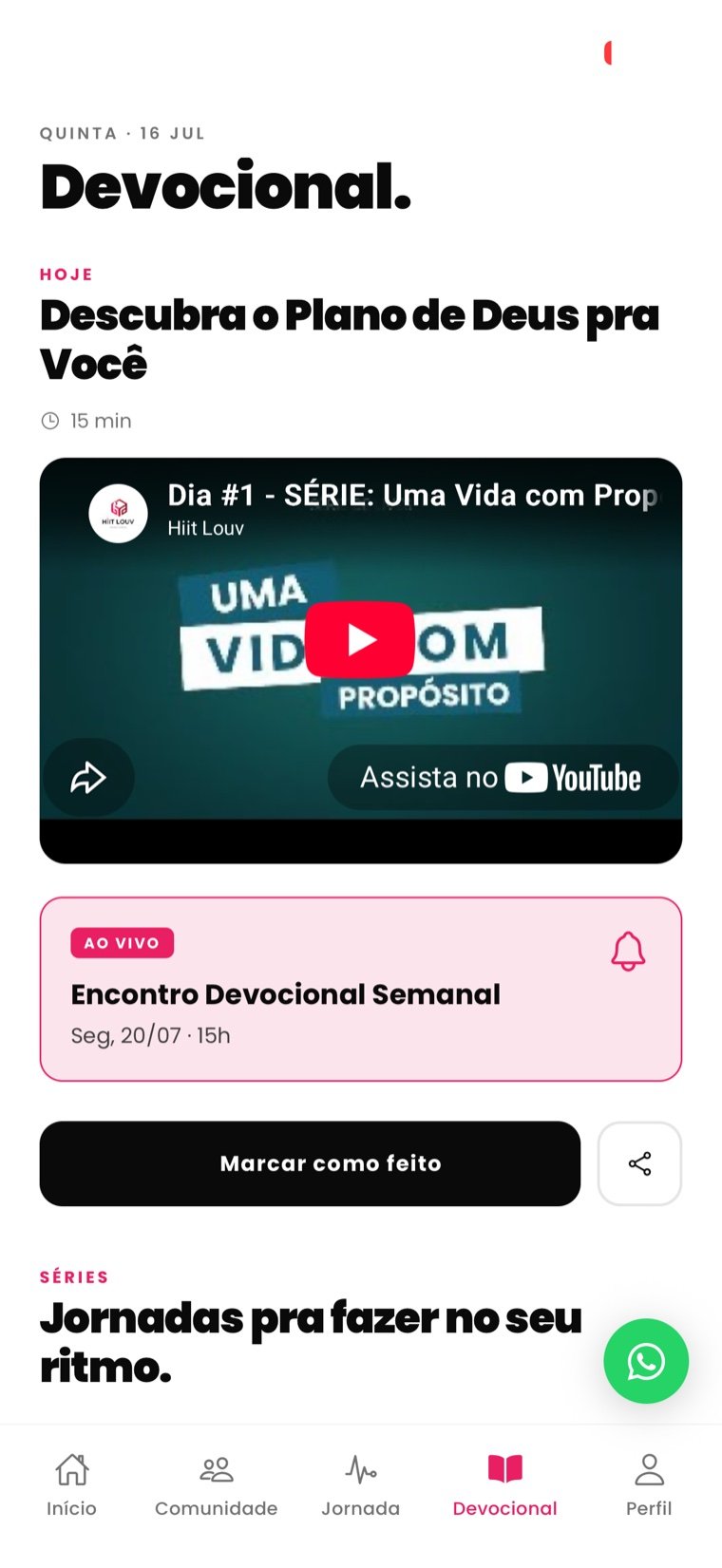 Tela Devocional com conteúdo diário e encontro semanal