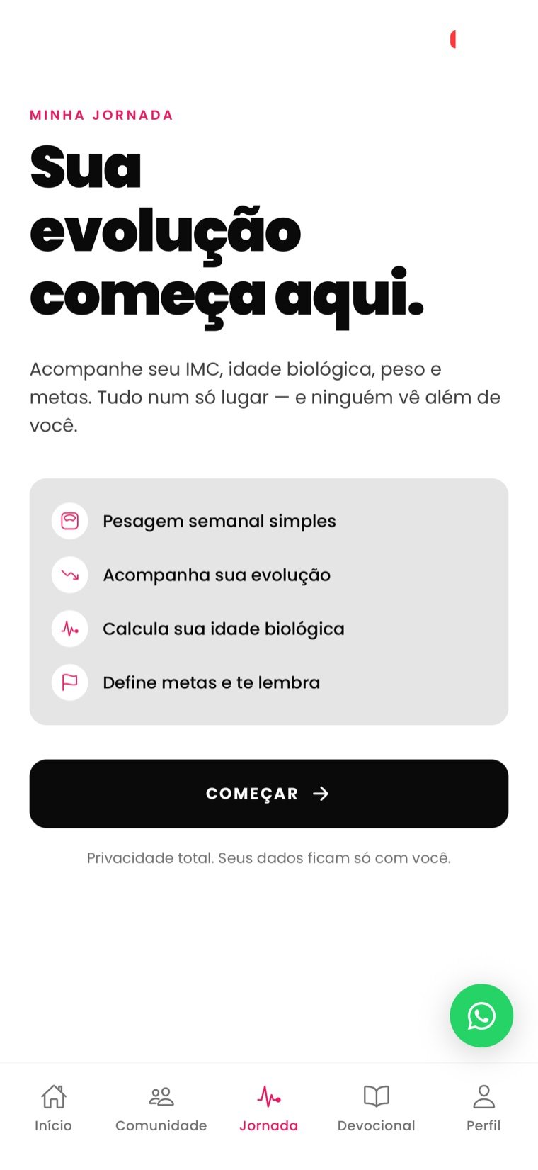 Tela Minha Jornada para acompanhar peso, evolução e metas