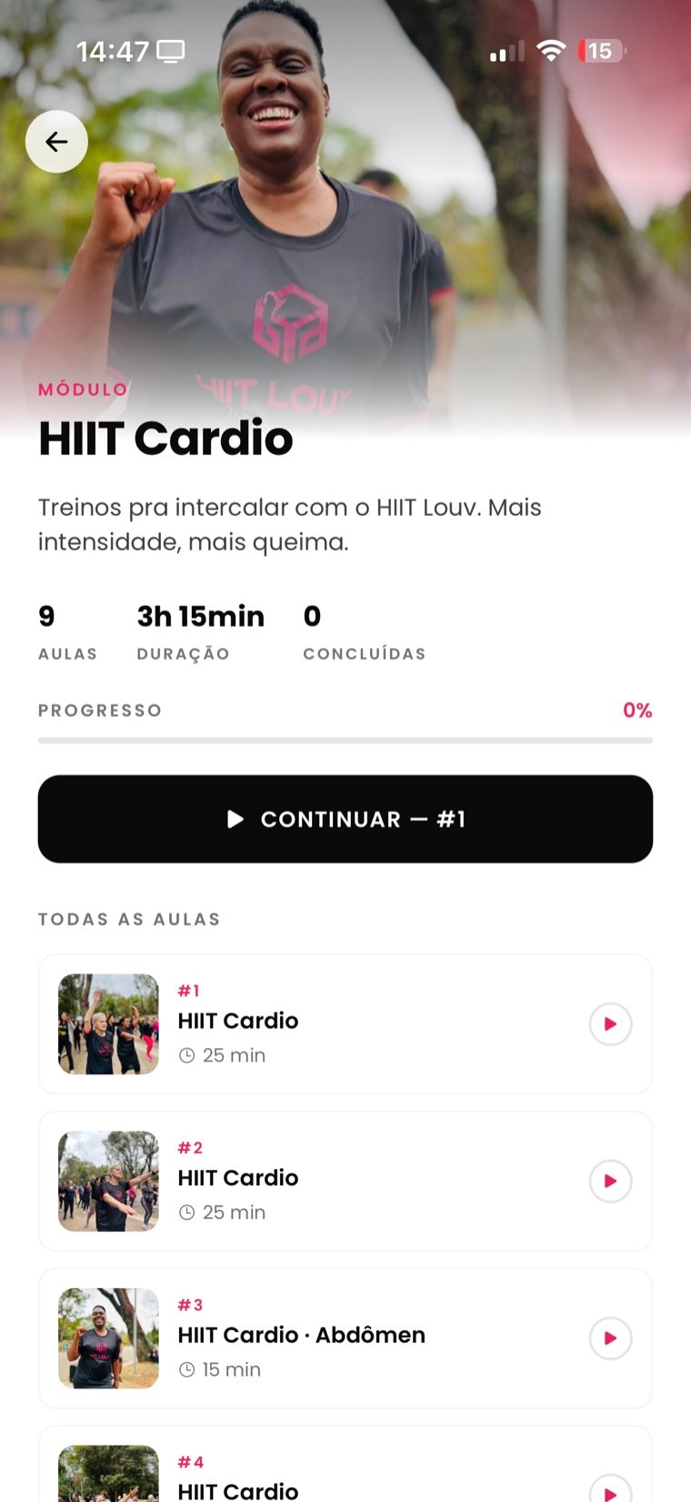 Tela do módulo HIIT Cardio com lista de aulas